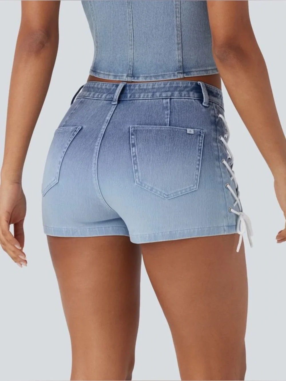 Halara Flex™ Mid Rise Lace Up Gradient‎ Denim Casual Shorts 2” Blue Size M NWT